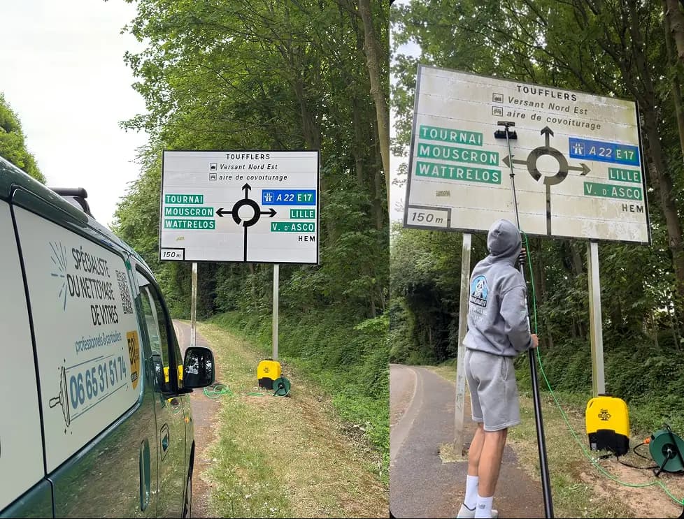 Nettoyage de panneaux signalétiques à Lys Lez Lannoy, par Paandawlv, Laveur de vitres professionnel