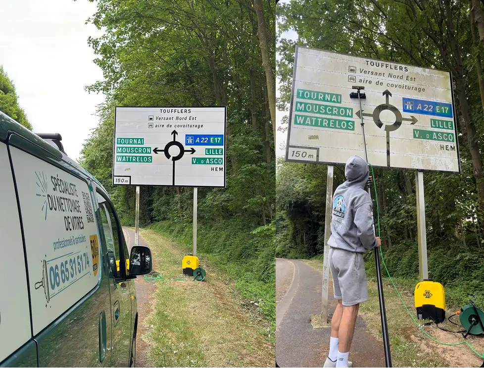 Nettoyage de panneaux signalétiques à Lys Lez Lannoy, par Paandawlv, Laveur de vitres professionnel