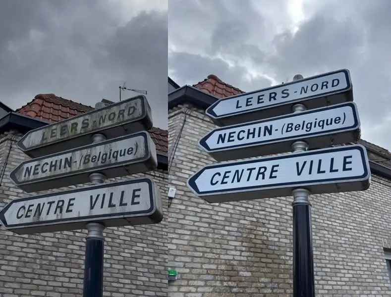 Nettoyage de panneaux de signalisation à Leers, par Paandawlv, Laveur de vitres professionnel